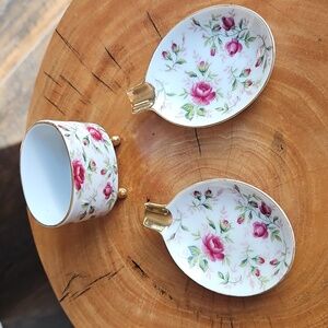 Lefton China Rose Chintz Oval Ashtrays And Cigertette Holder Pink Porcelain